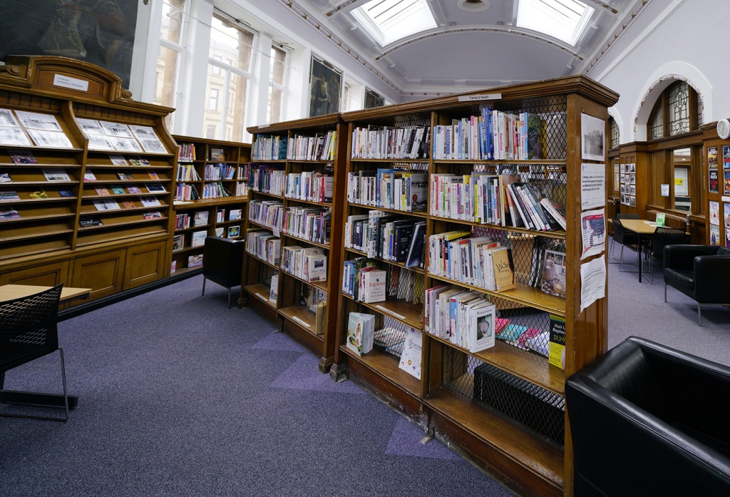 Double-sided bookcases with wire mesh backs at Possilpark Library, Glasgow, 1913, Architect: George Simpson